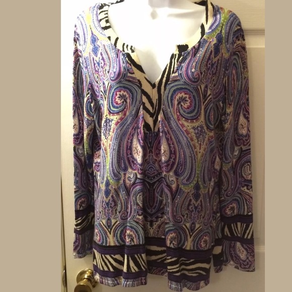 CHICOS Paisley Animal Print Sweater Purple Knit Long Tunic Length Soft Light - Picture 8 of 9